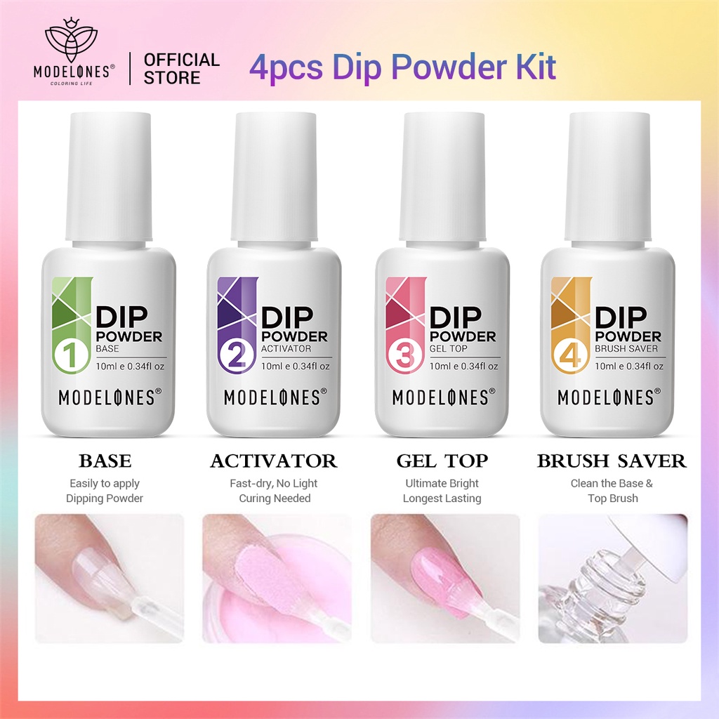 Modelones Dipping Powder Essentials Top Base Coat Activator Brush Saver