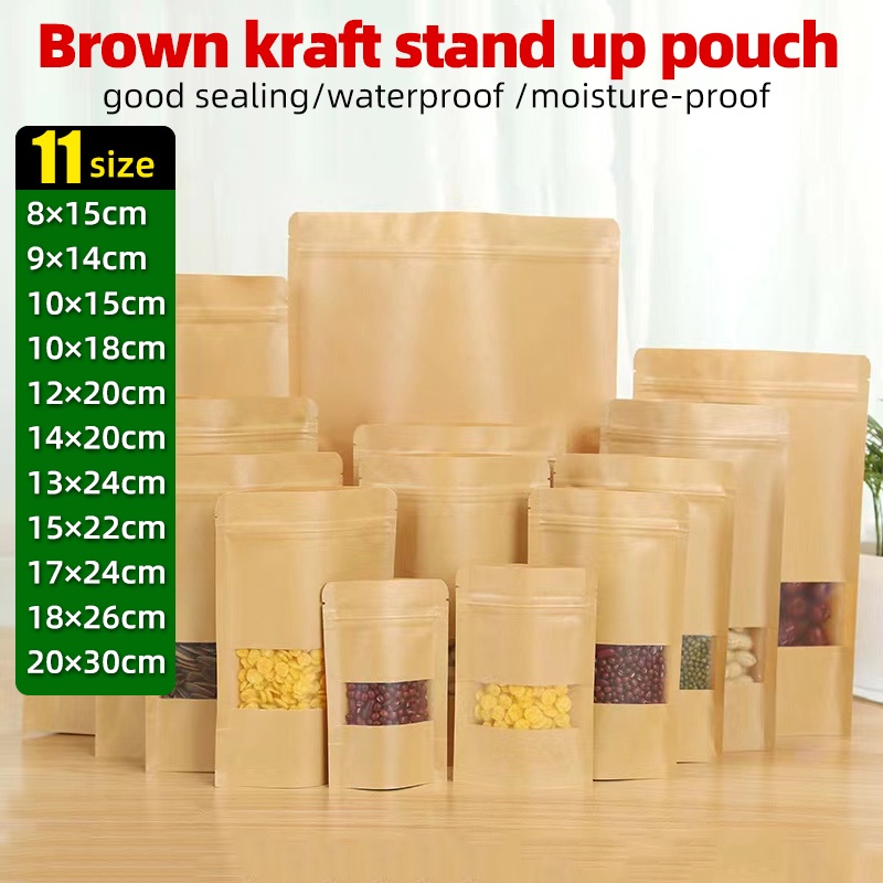100pcs Brown Kraft Stand Up Pouch with Zip Lock Ziplock Plastic Paper ...