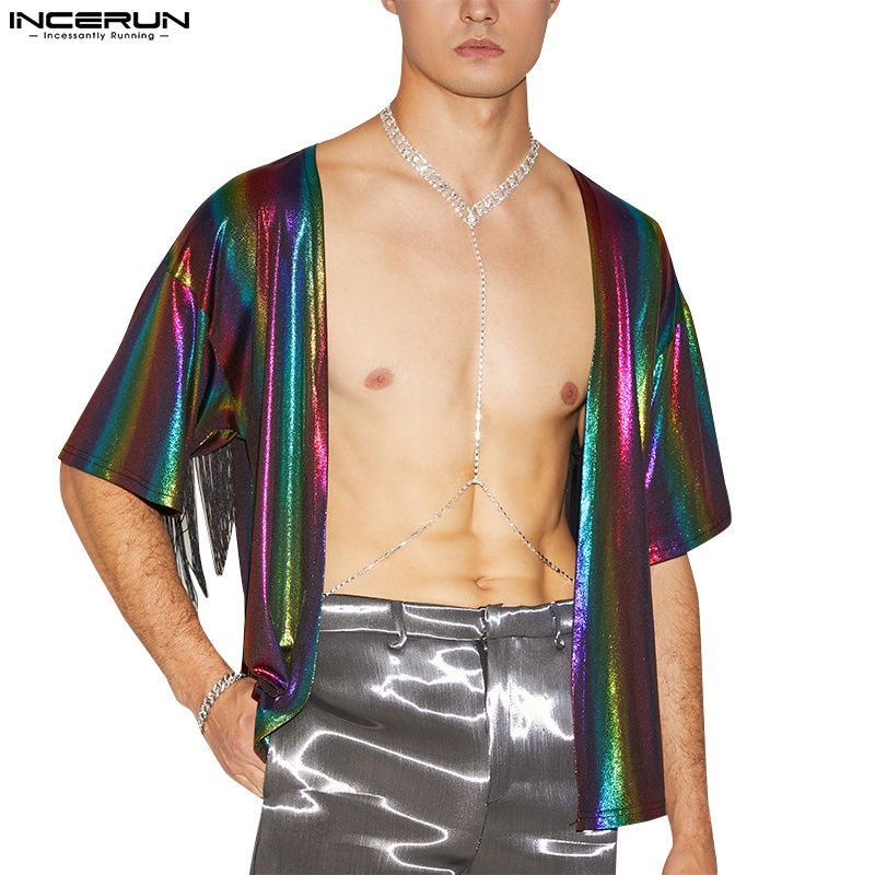 INCERUN Men Party Shinny Striped Tassel Short Sleeve Beach Wear ...
