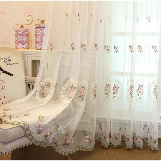 Transparent tulle curtain drapery panel floral embroidery window panel ...