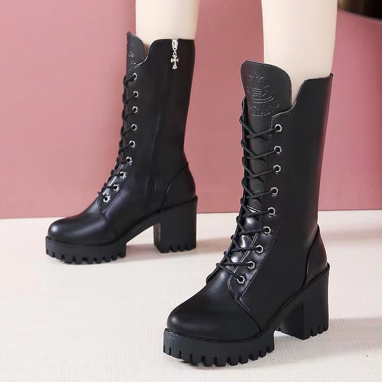 Women's Fashion Mid-calf Boots, Cool Black High-heeled Motorcycle Boots ...