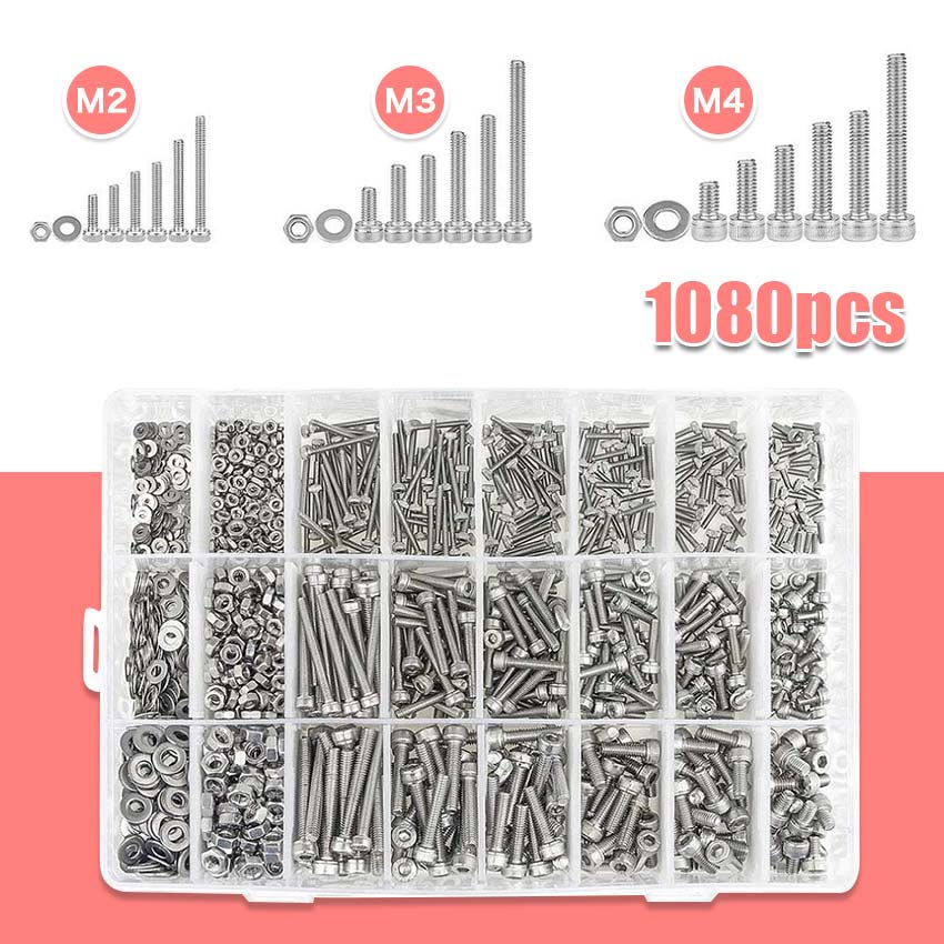 1080Pcs Flat Head Hex Socket Head Cap Bolts Screws Nuts Washers Kit 304 ...