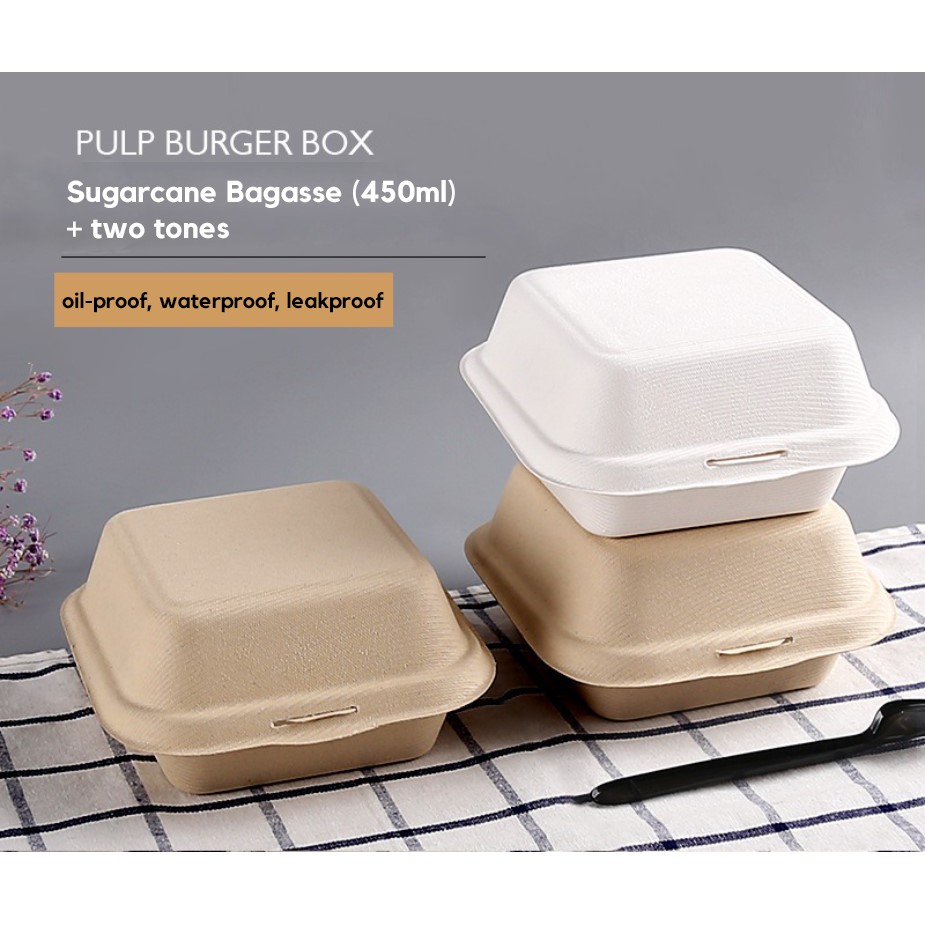 [PER 5 pcs] 450ml Clamshell Burger Box/Cake Box Sugarcane Bagasse Pulp ...