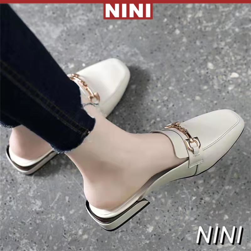 35-43 Large size women shoes Flat chain outerwear closed toe low heel mules  41 Slip-on lazy half slippers 42【NINI】
