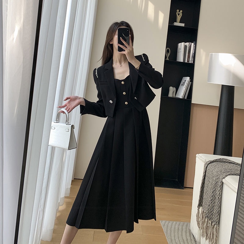 Black Suit Set Women's New black Slip Dress Two-Piece Set | Shopee ...