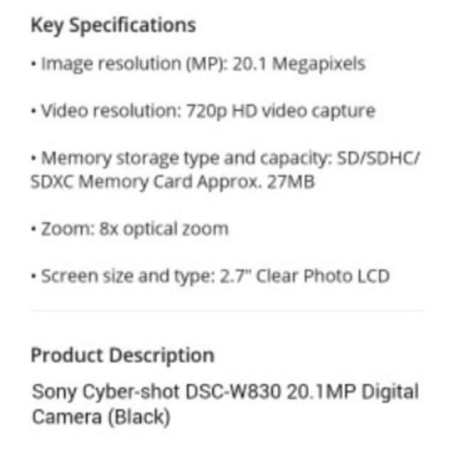 sony w830 specifications