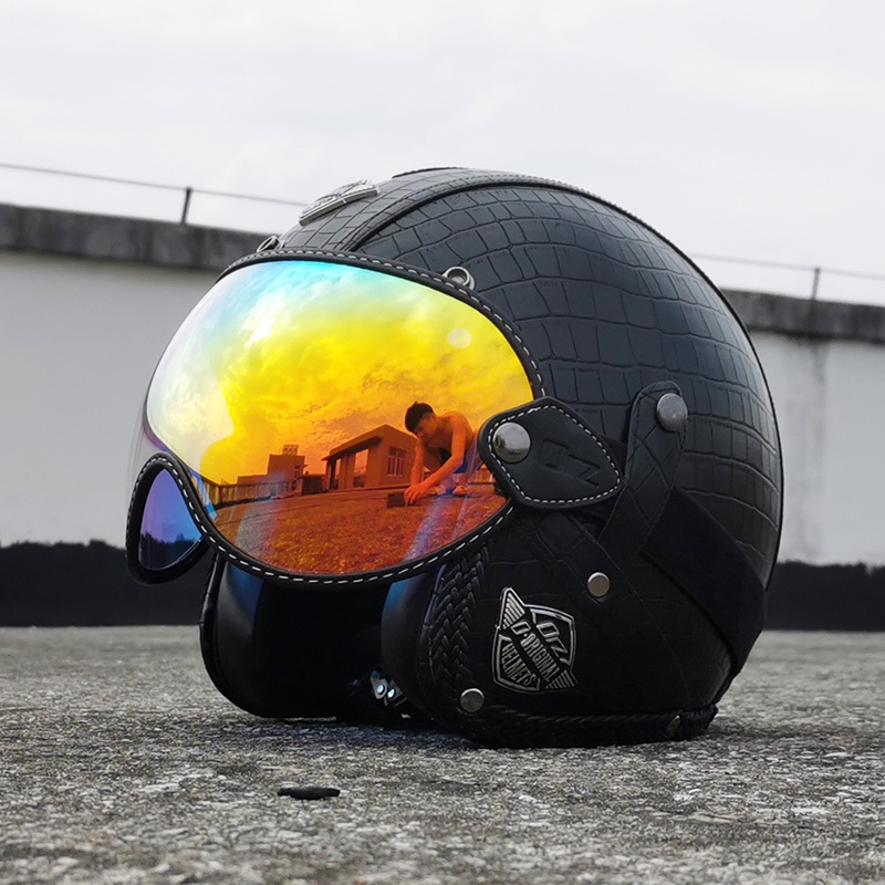 ORZ Retro Helmet Laced-Up Goggles Motorcycle All 4/3 Bubble Mirror Full ...