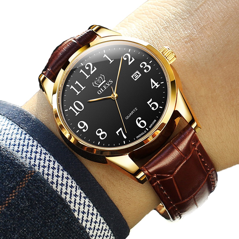 OLEVS Jam Tangan Couple Watches Brown Leather Arabic Numerals Men