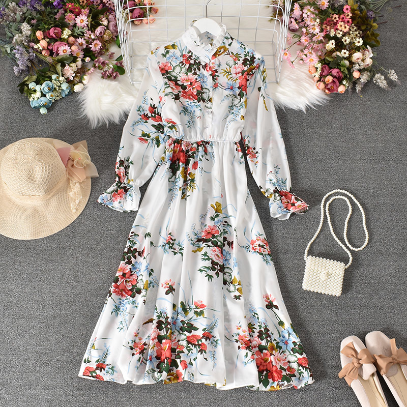 Spring/Fall Floral Elegant Chiffon Long Sleeve Dress