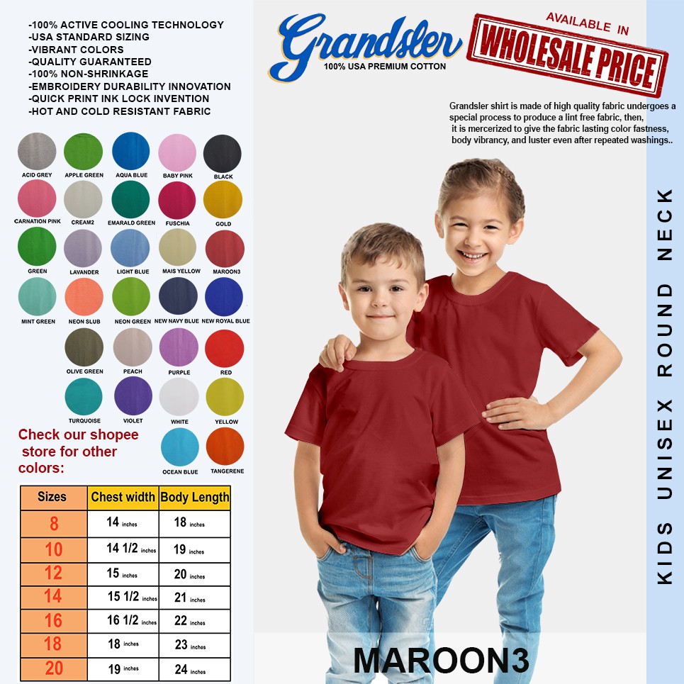 Grandsler Kids T Shirt Round Neck Plain Maroon 3 Shopee Philippines