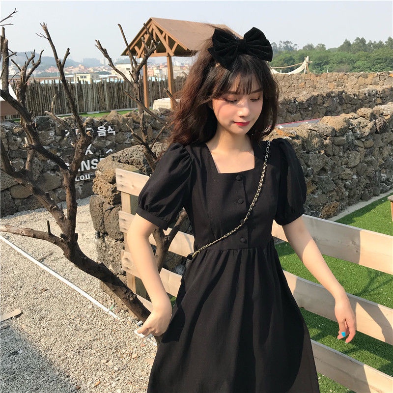 Ready Stock Summer Korean Style Preppy Style Student Girl Short Sleeve Dress Loose Slimming Square Mouth Neck Mid Length Skirt Dress Shopee Philippines