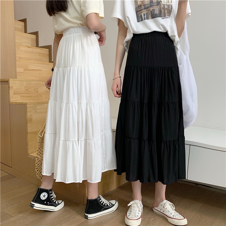 Women's chiffon skirt vintage high waist elastic panel white black chic ...