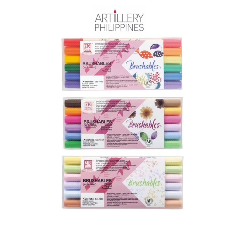 Kuretake Zig Brushables Dual Tip Brush Pens Set Of 6 Vivid, Bright