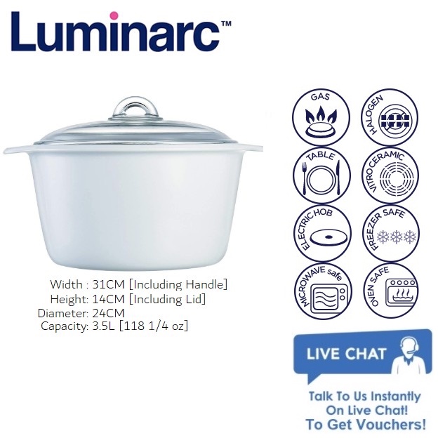 Luminarc Casserole 3.5L Vitro White Microwave, Oven, Stove, Electric