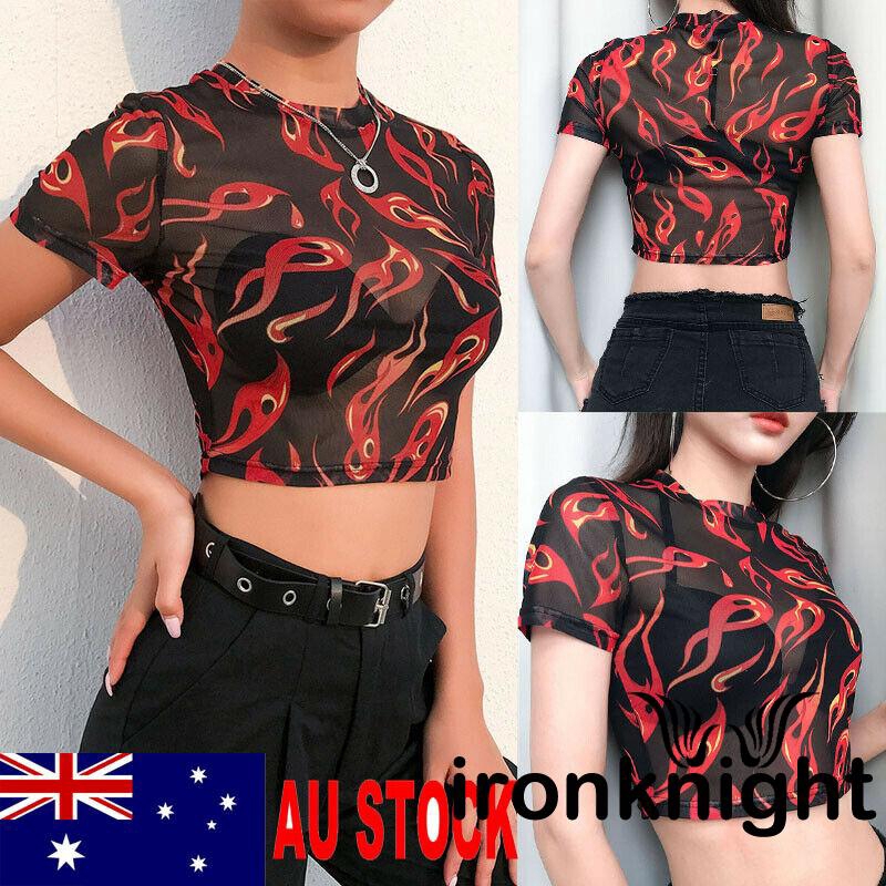 ☜♠☞Women Mesh Sheer See-through Short Sleeve Crop Tops Tee