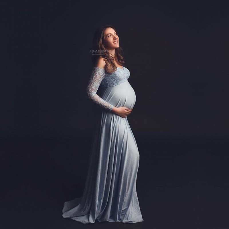 Slash Neck Lace Joint Jersey Baby Shower Dress Maternity Photo Shooting