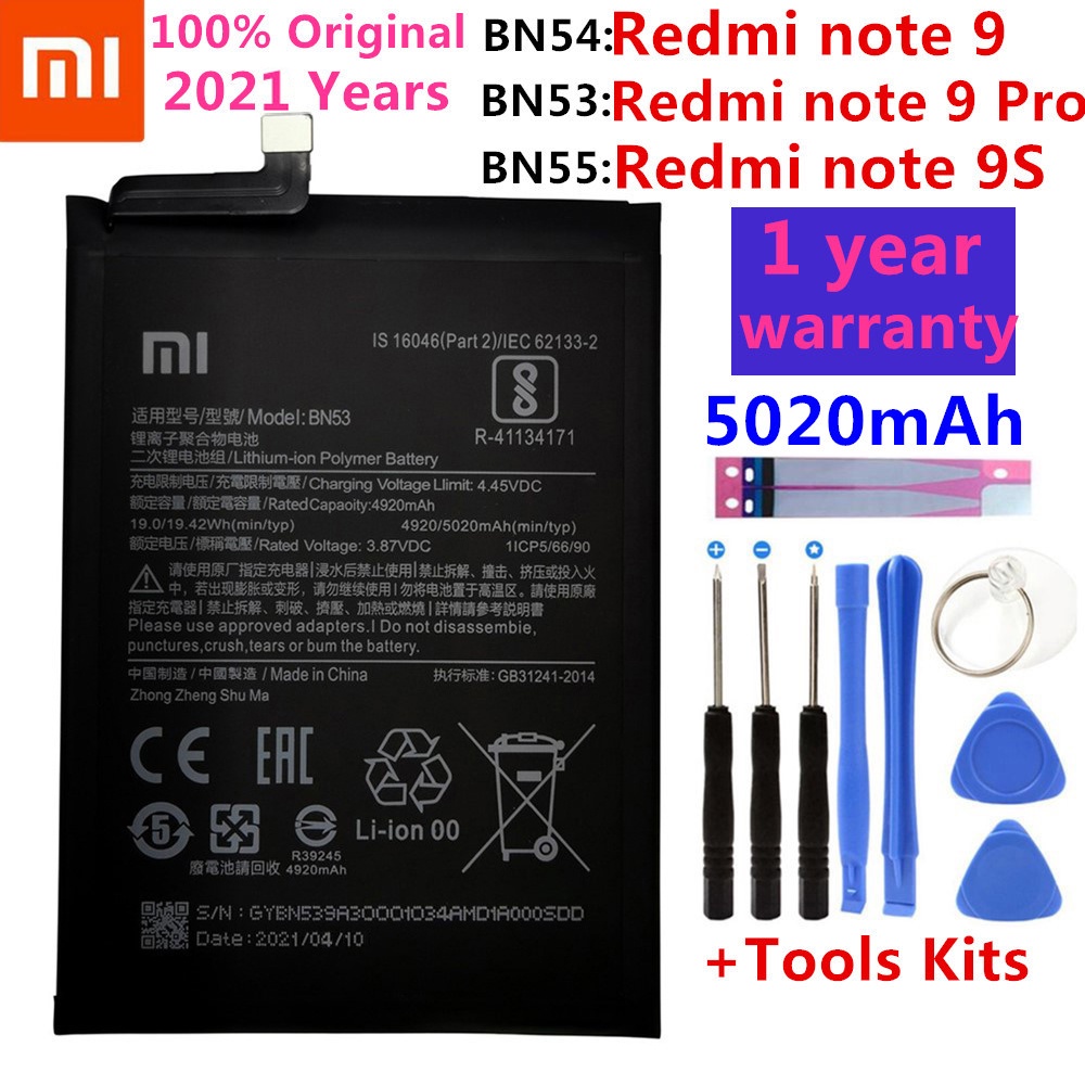 ๑100 Original 5020mah Bn53 Bn54 Bn55 Replacement Battery For Xiaomi Redmi Note 9 Pro 9s Bateria 7334