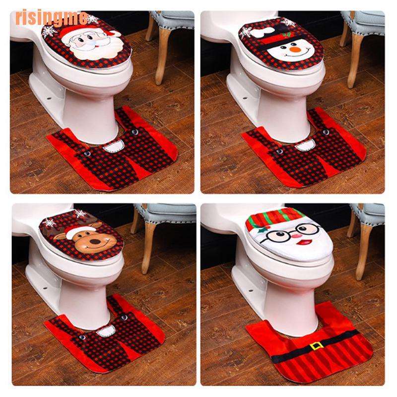 risingme（） 2PCS Christmas Xmas Decoration Santa Toilet Seat Cover Rug Bathroom Mat Set Shopee