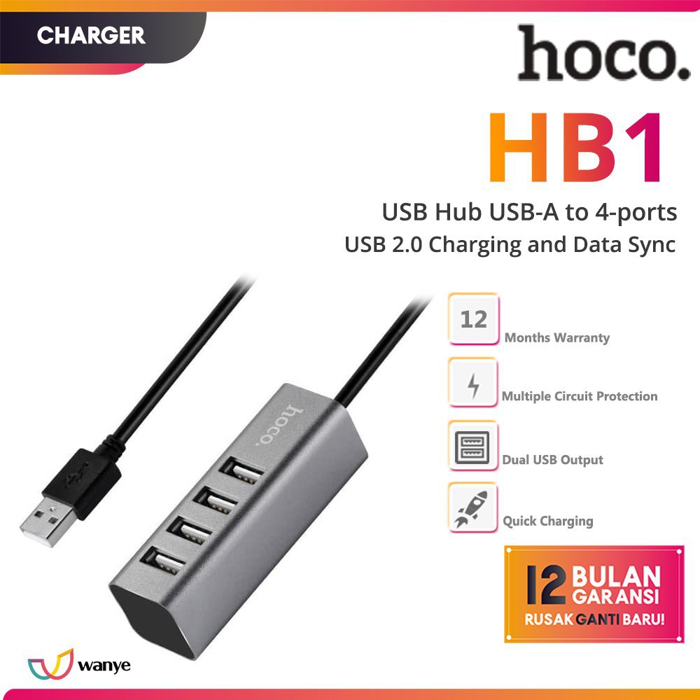 USB hub HB1 USB-A to four ports USB 2.0 charging and data sync - HOCO