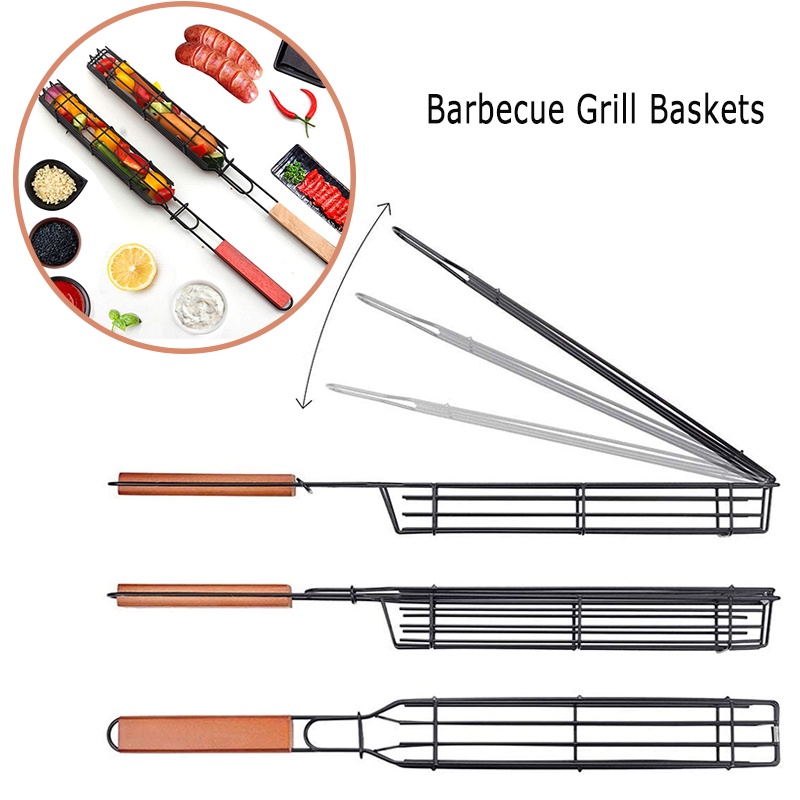 Portable Barbecue Grill Baskets With Wooden Handle Hot Dog Basket Barn