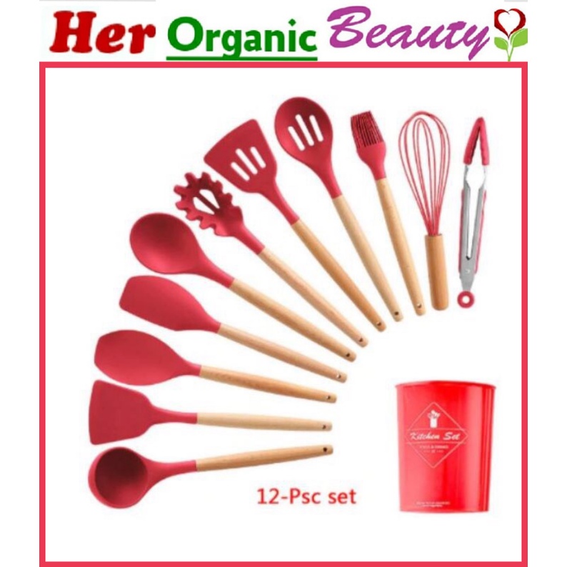 Silicone RED Kitchen Utensils with Wooden Handle (Sold Per Set ...
