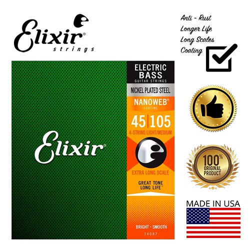 Elixir 14077/ 14087 Nanoweb Medium/Extra Long Scale 4String Electric