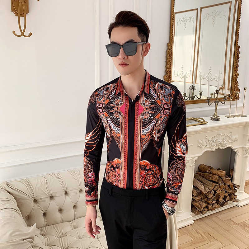 Retro Flora Printed Luxury Mens Slim Dress Casual Shirt