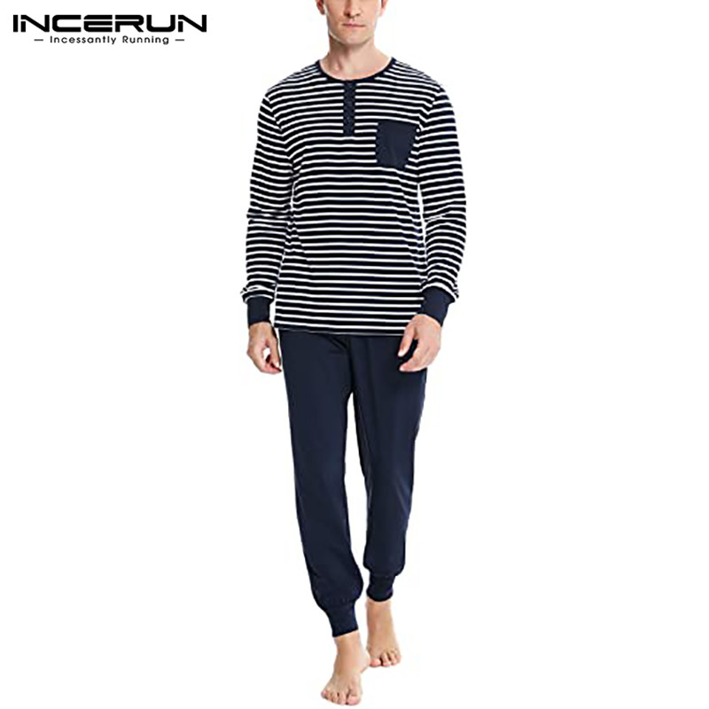 Plus Size Casual Striped Cotton Pajama Sets Men Long Sleeve Long