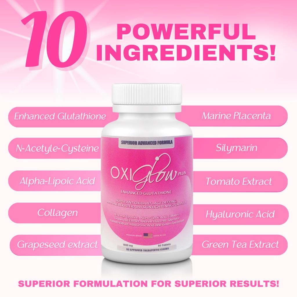 Oxiglow Plus 10 in 1 Enhanced Glutathione | PINKISH White Glowing Skin - 60 tablets