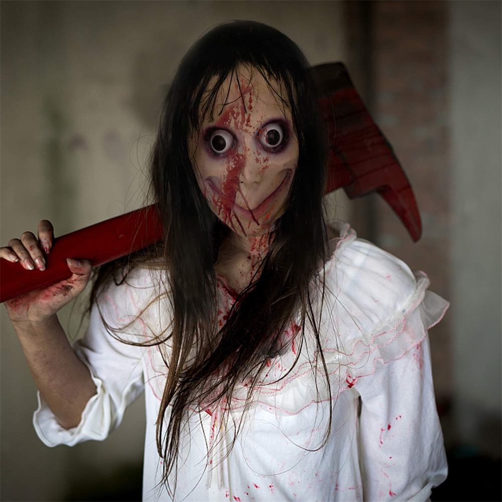 Halloween MOMO Mask with Wig Horror Mask Scary Female Mask for Cosplay ...