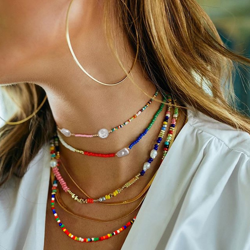 Bohemian Seed Beads Imitation Pearl Necklace For Women Colorful Beaded Boho  Choker Necklaces Collares Clavicle Jewelry