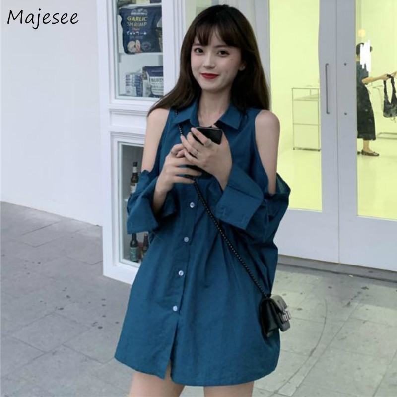Plus Size Shirt Dress Solid Casual Breasted Shirt Women