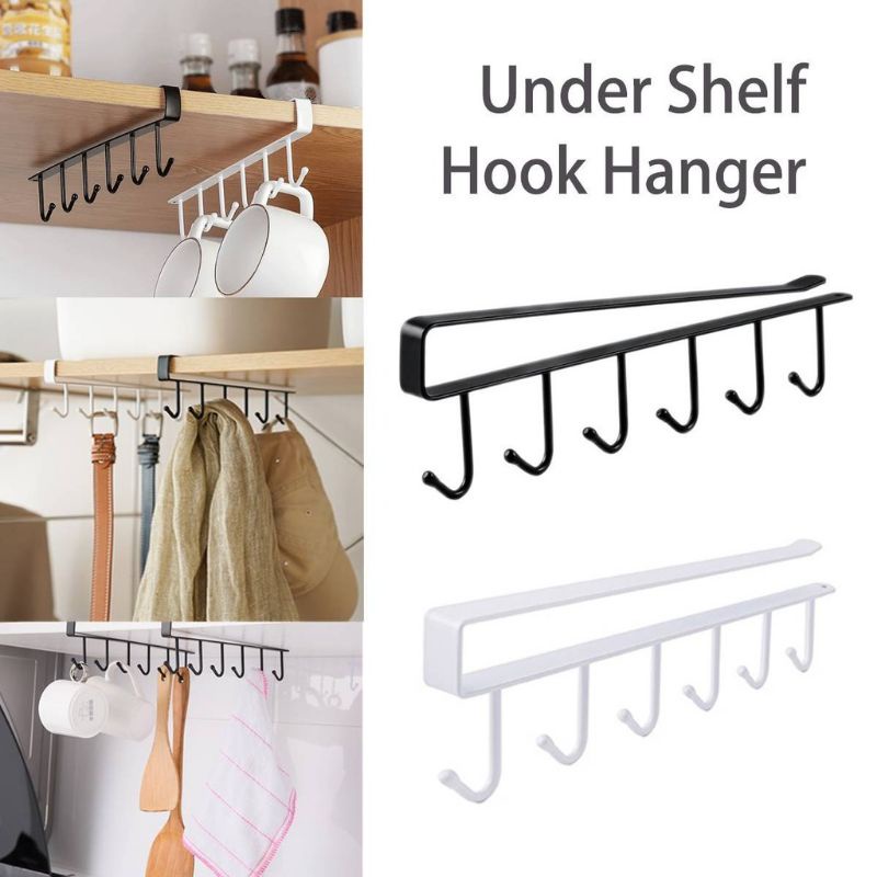 6 Hooks Metal Under Shelf Mug Cup Cupboard Kitchen Organiser Hanging ...