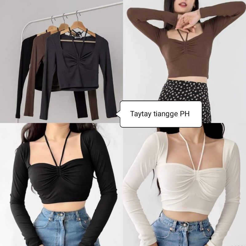 Ashley String Ruched Halter Tie Longsleeve | Shopee Philippines