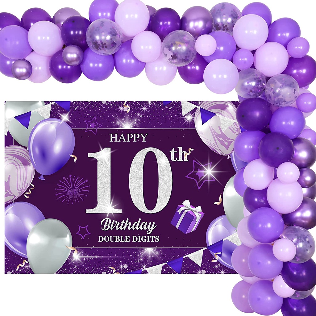 Happy 10th Birthday Banner Silver Double Digits Birthday Decorations...