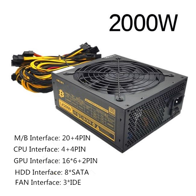 1800W/2000W/1600W Power Supply 220V for 8GPU Miner Rig PSU 1800W ATX