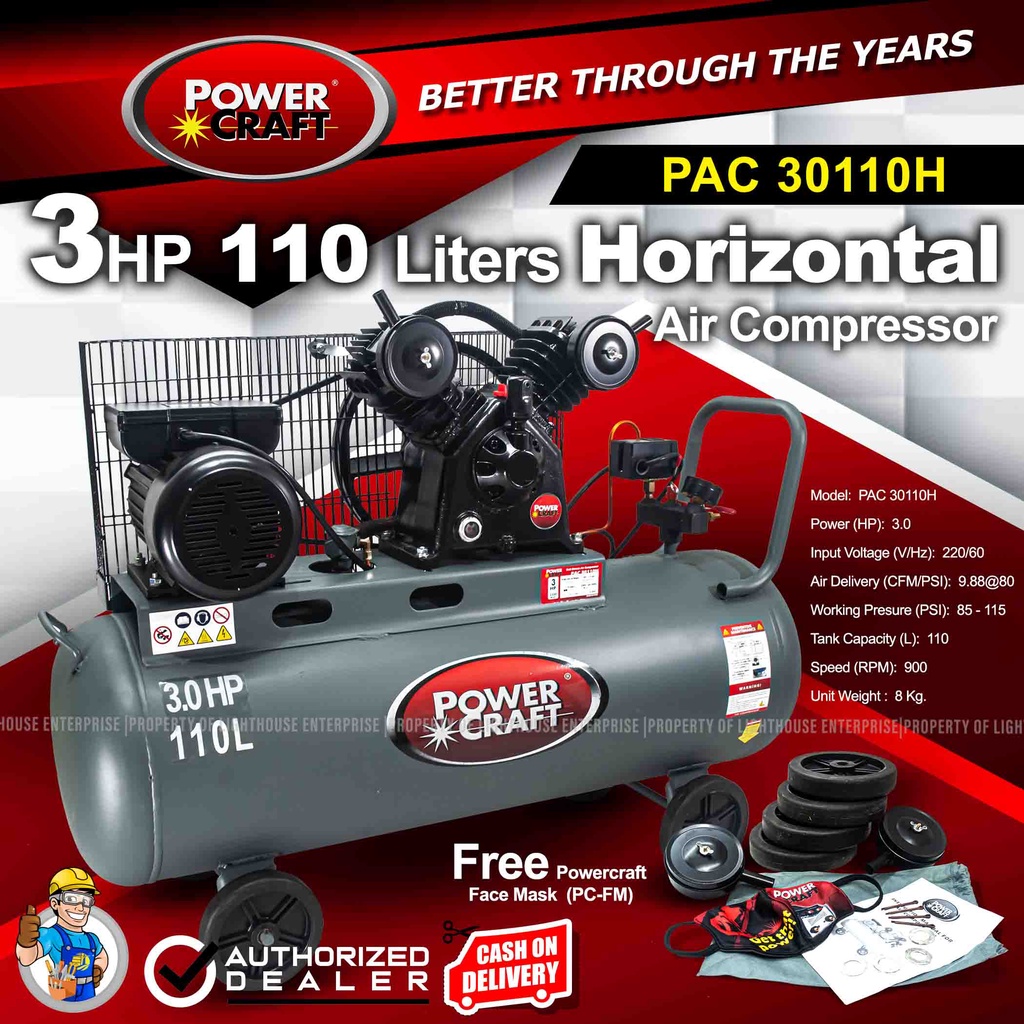 POWERCRAFT 3HP 4 pole 110 Liters Single Phase Air Compressor Horizontal