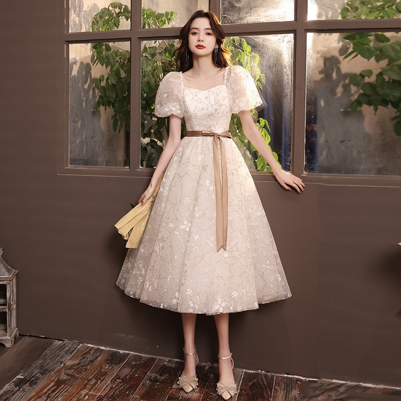 Elegant White Starry Sky Evening Dress Fairy Temperament Puff Sleeve Slim  Bridesmaid Dresses Student Graduation Gown | Shopee Philippines