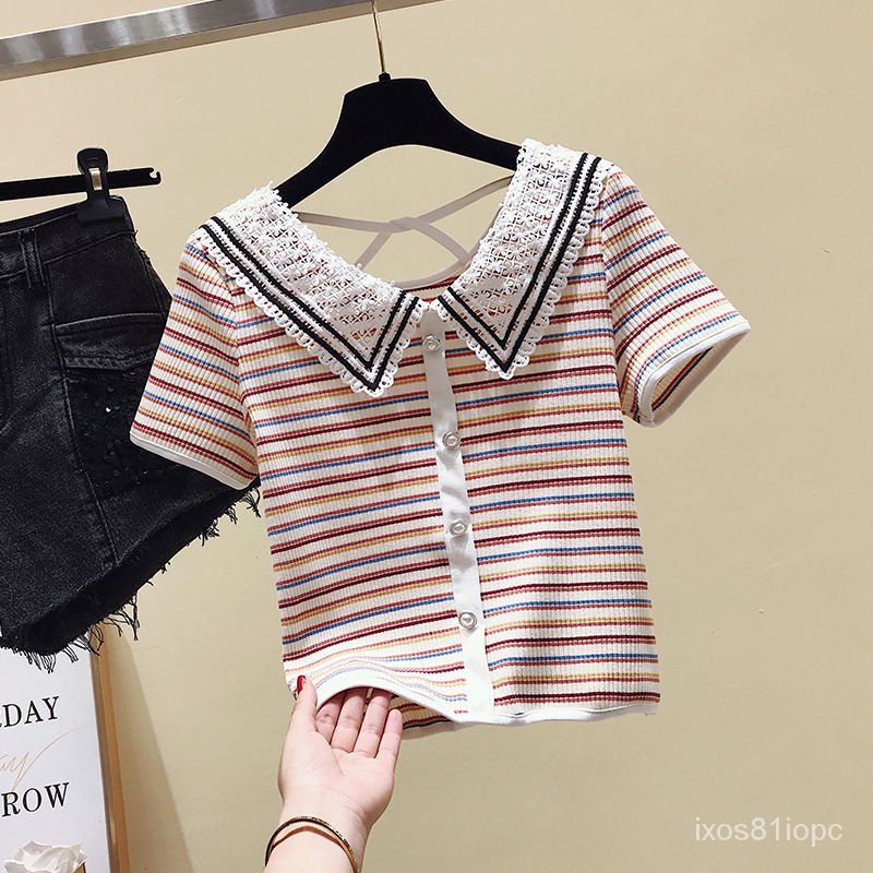 Black And White Striped Short Sleeved T Shirt Womens Lace Doll Collar