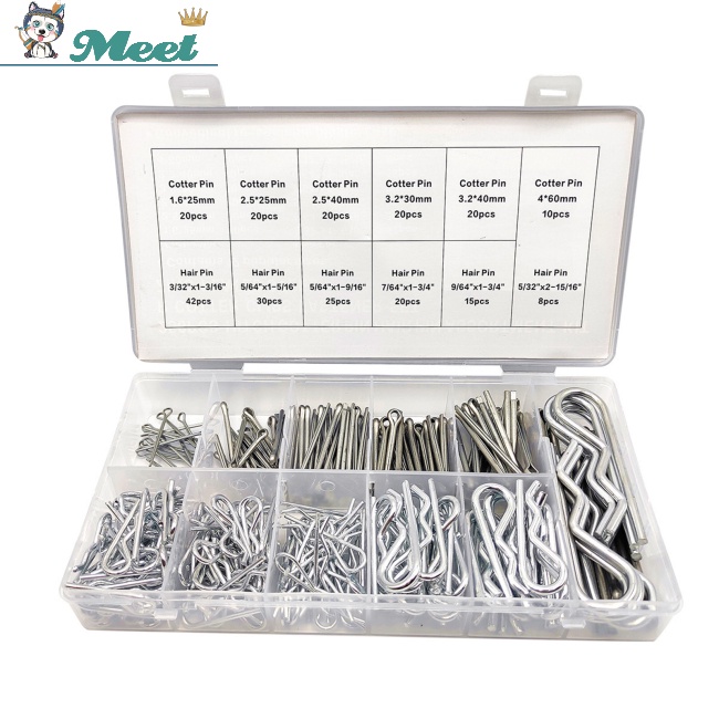 ME 250pcs Cotter Pin R Type Pin Assortment Kit Multiple Sizes Zinc