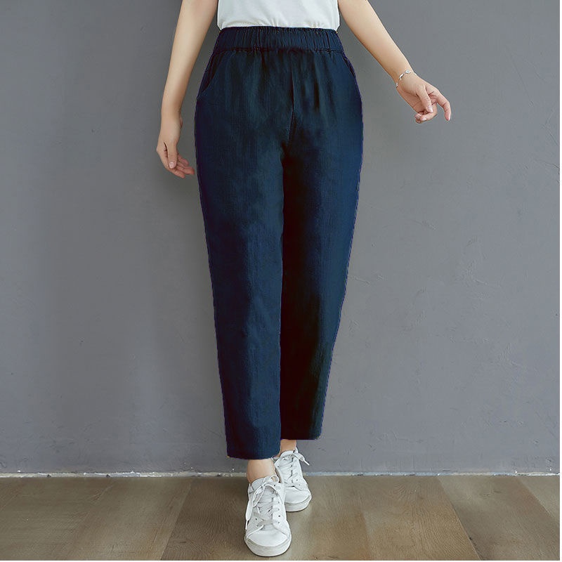 Plus Size S-5XL Women's Elastic Waist Casual Spring Summer Pants Solid  Color Slim Cotton&Linen Trousers