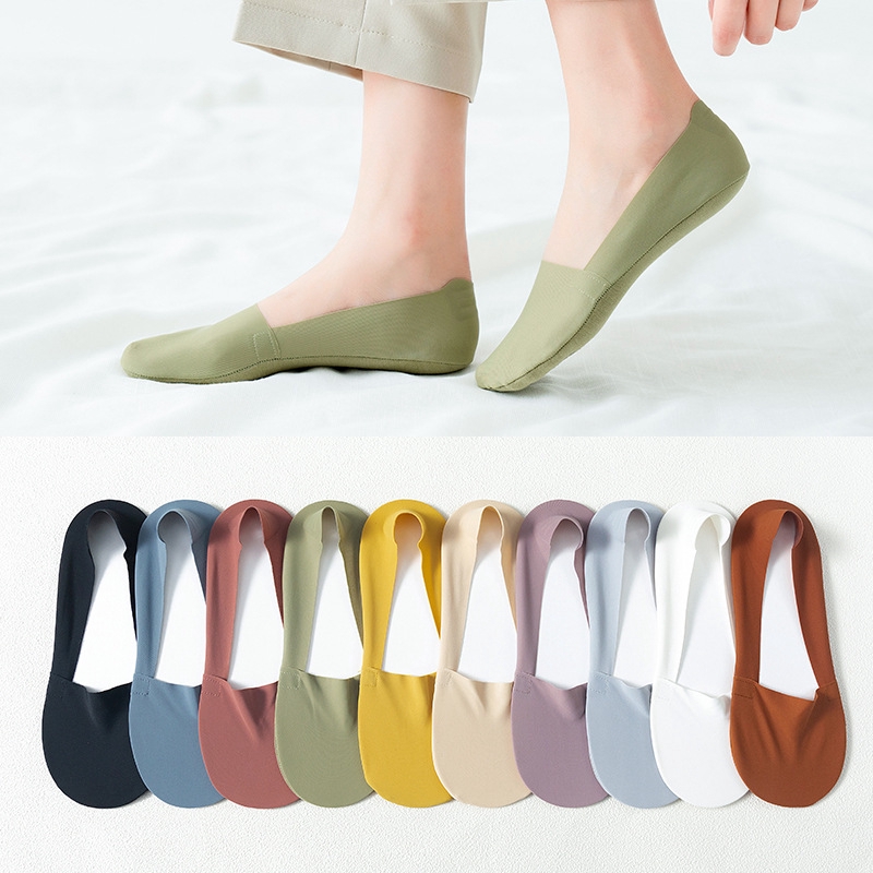 1Pair Women Ice Silk Ankle Invisible Short Candy Color Ankle Socks/Summer  Cotton Fashion Silicone Non-Slip Extra-thin Seamless Boat Socks