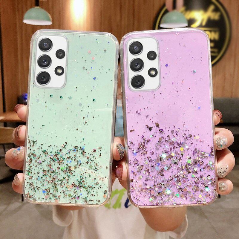 TJS Rainbow Glitter TPU Phone Case + Tempered Glass For Galaxy A12/A32/A51/A52