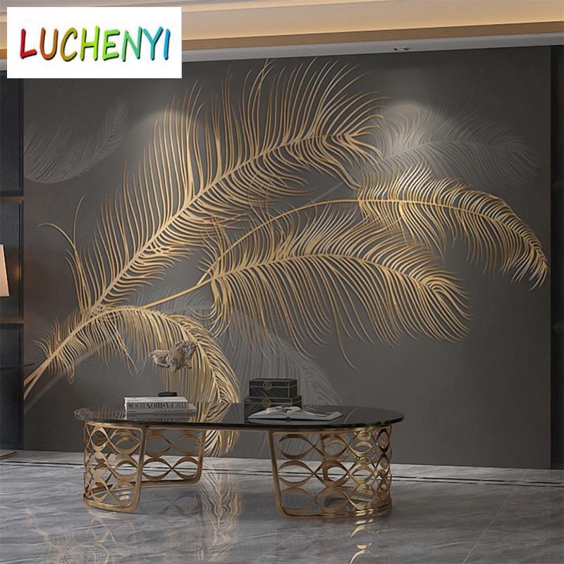 living golden background wall covering bedroom embossed feather room ...