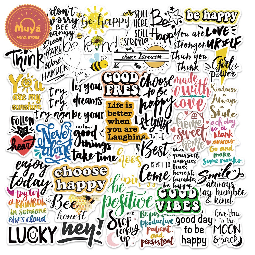 MUYA 50pcs Inspirational English Phrase Stickers Waterproof Vinyl ...