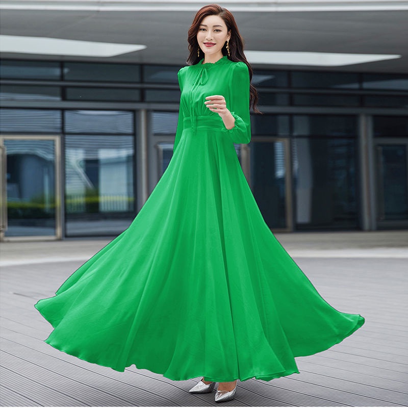 Spring Autumn New Style Long-Sleeved Large Hem Chiffon Dress Travel  Vacation Beach Long Skirt Over-The-Kne