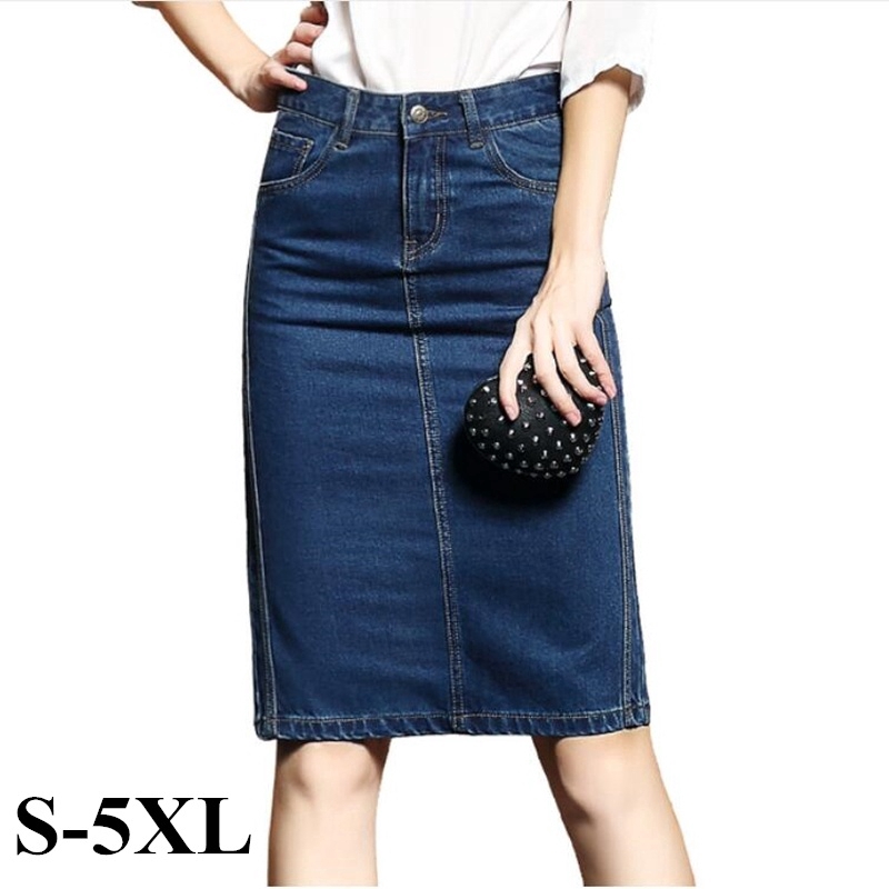 S 5XL Fashion Casual Womens Denim Skirt Knee Length Pencil Jean