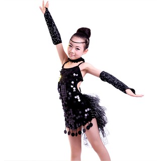 Lolanta 4 Pcs Kids Girls Sequins Latin Dance Costume Tassels Cha-Cha Salsa  Rumba Dancewear