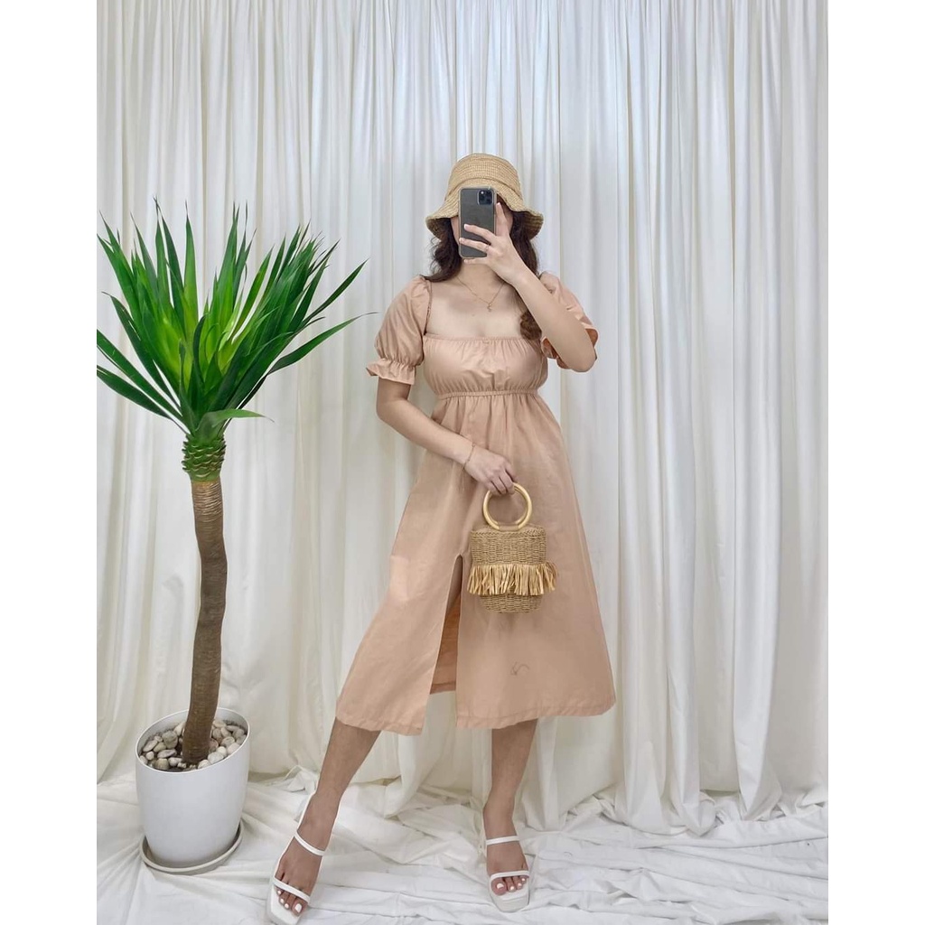 Puff sleeves casual slit dress | Shopee Philippines