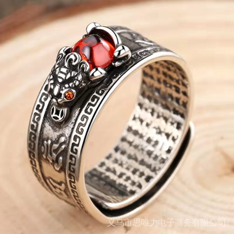 NEW!PiXiu Ruby Ring Fortune Chinese style Silver Embedded Lucky Chinese ...